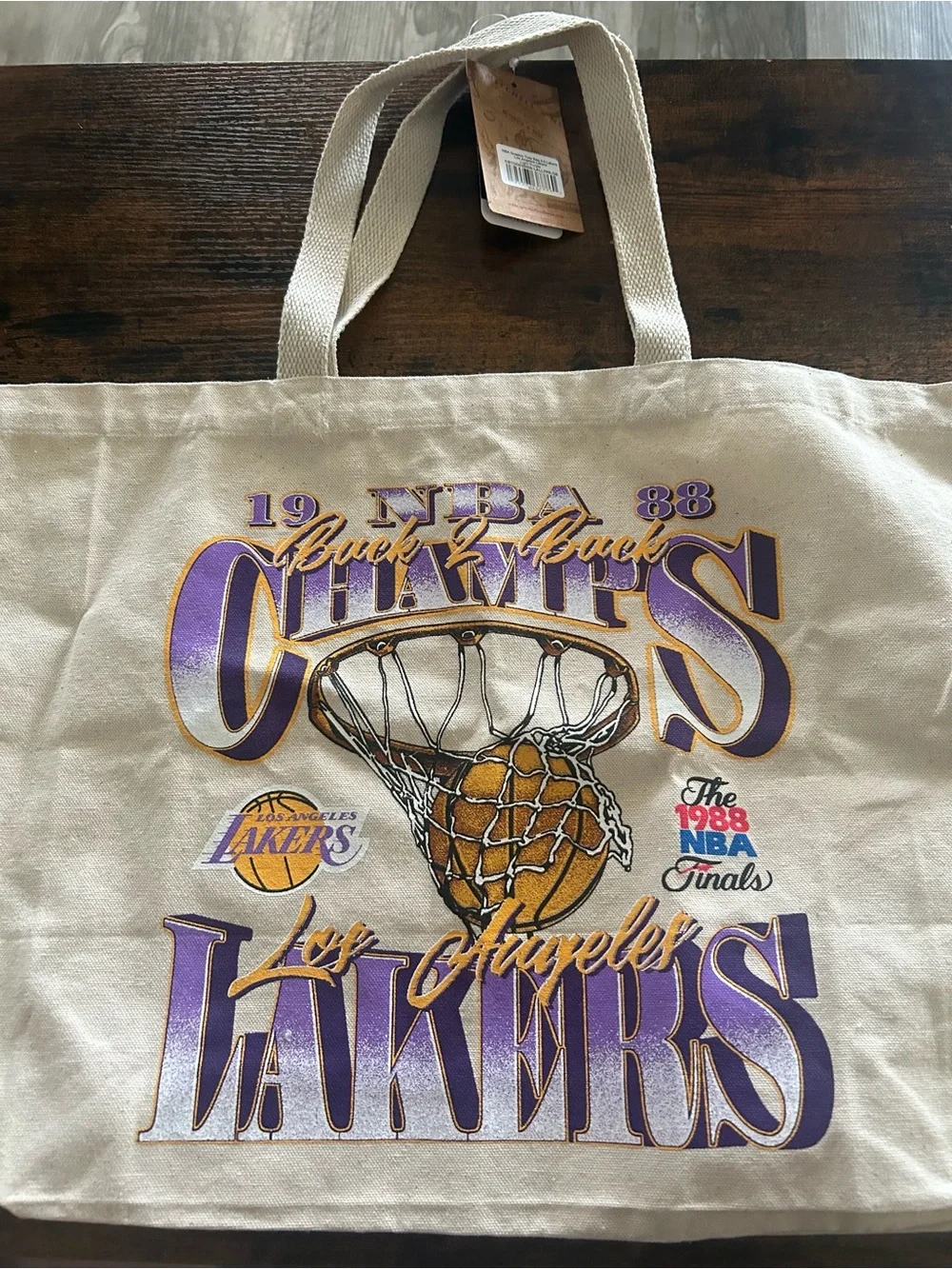 Mitchell & Ness Los Angeles Lakers Beige Canvas Tote with Purple & Gold Graphics